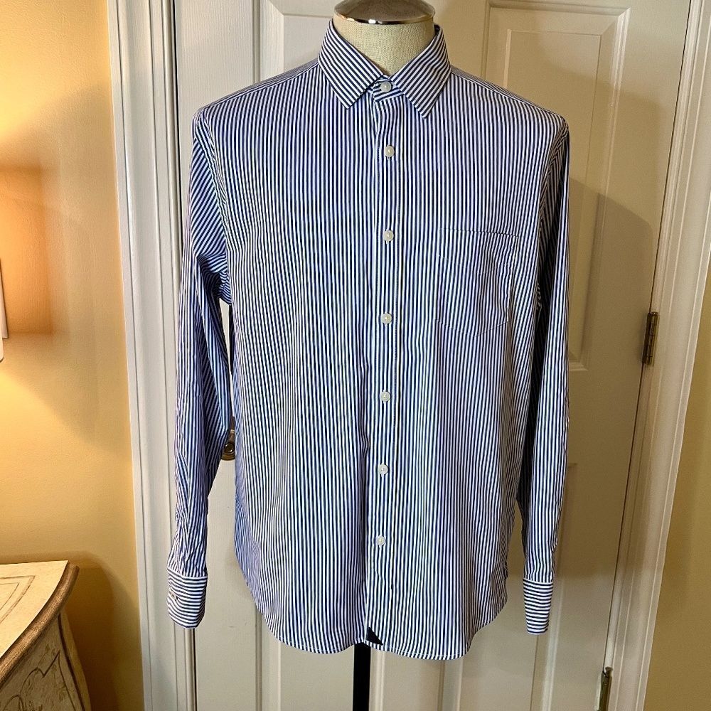 Men's UNTUCKit Terzolo Performance Style Blue White Stripe Button Up Shirt LARGE